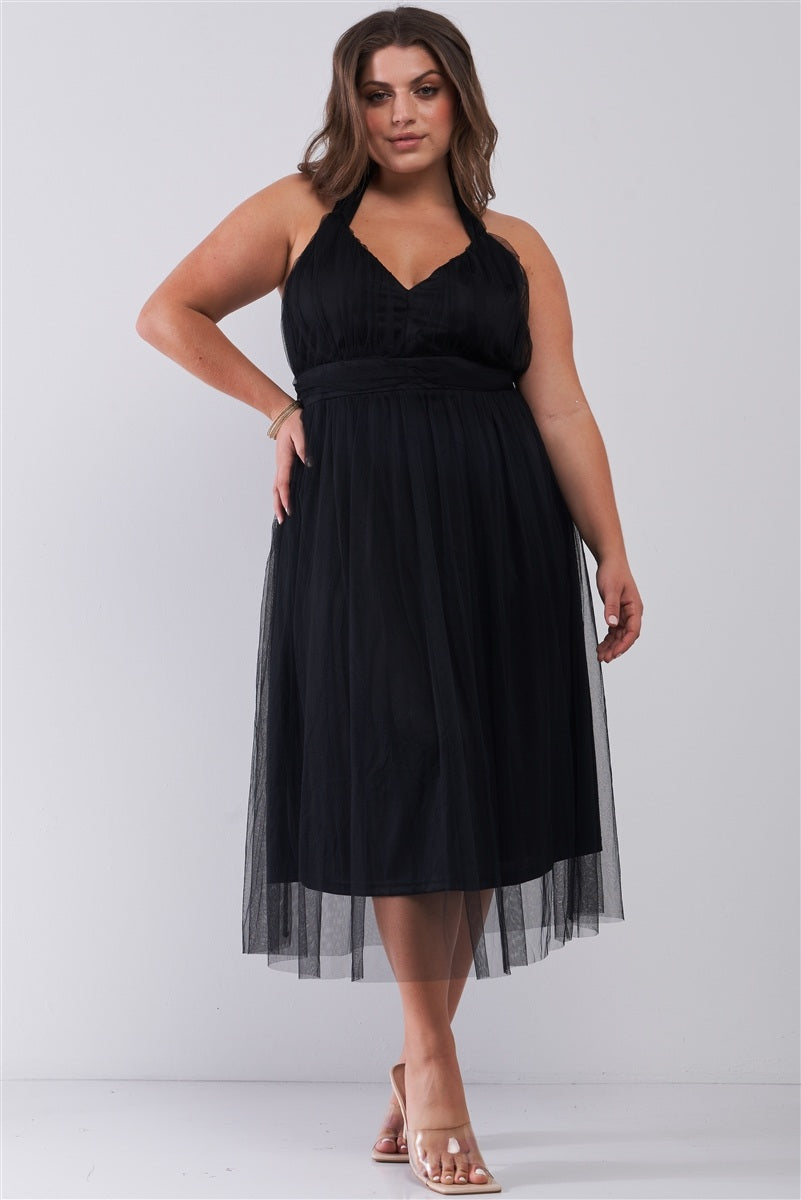 Robe mi-longue taille haute en maille sans manches à col licou