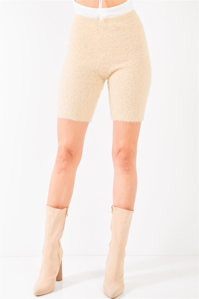 Short de motard flou chaud et extensible taille haute en tricot beige avoine
