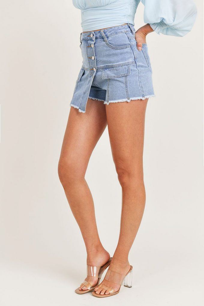 Short en denim superposé taille haute avec poches