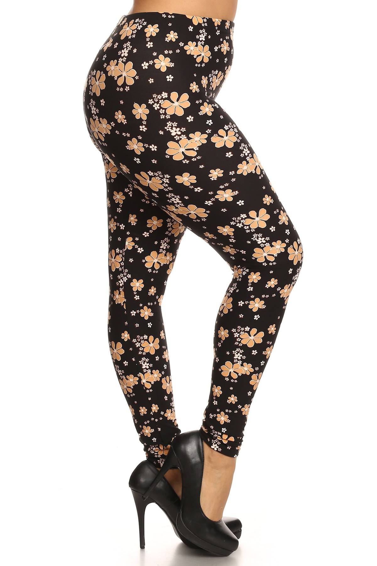 Tissu peau de pêche super doux, legging en tricot imprimé graphique floral avec taille élastique. Coupe taille haute