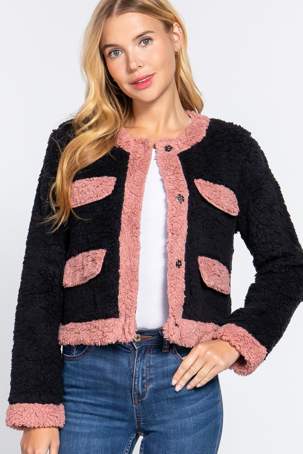 Veste en fausse fourrure à manches longues et poches