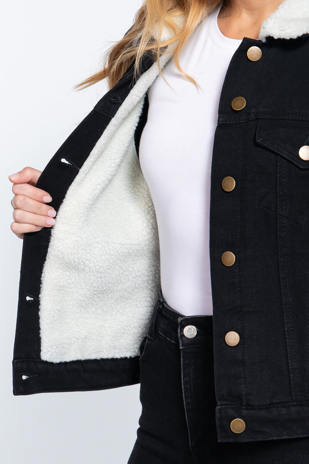 Veste en jean surdimensionnée noire avec fourrure intérieure
