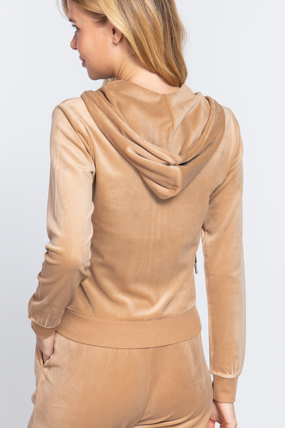 Veste zippée à capuche en velours à manches longues