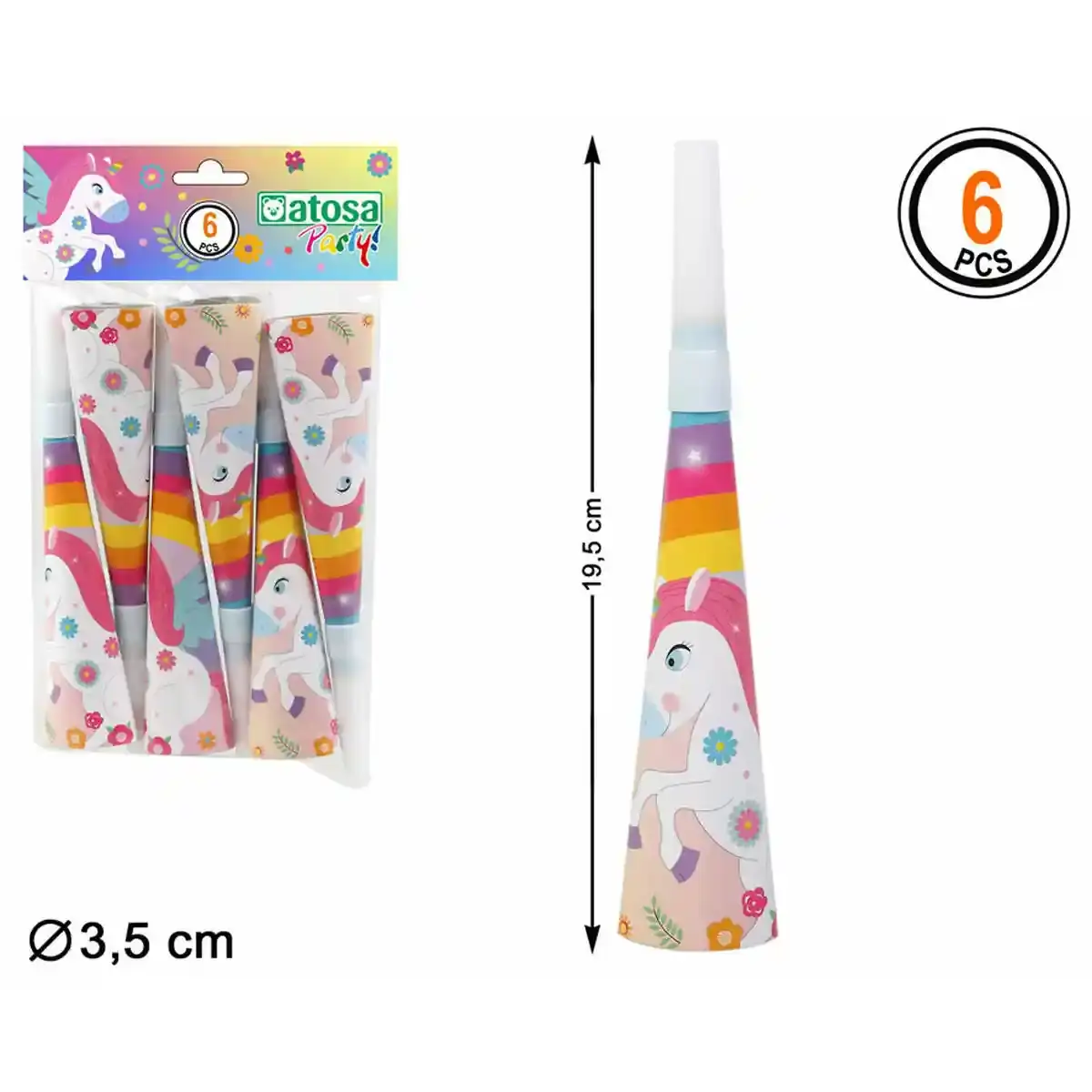 Trompette multicolore licorne 6 unites_5811. DIAYTAR COTE D'IVOIRE - Votre Escale Shopping incontournable. Explorez notre boutique en ligne et dénichez des trésors qui reflètent la richesse culturelle et la modernité du Côte d'Ivoire.