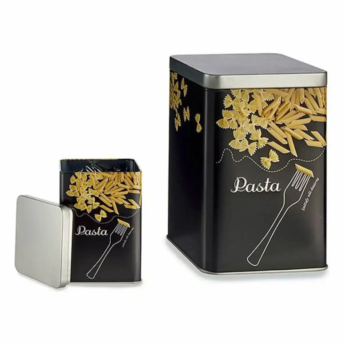 Boite en metal pasta noir dore metal 1 l_6403. Bienvenue sur DIAYTAR COTE D'IVOIRE - Où Chaque Produit a son Histoire. Découvrez notre sélection unique et choisissez des articles qui racontent la richesse culturelle et artistique du Côte d'Ivoire.