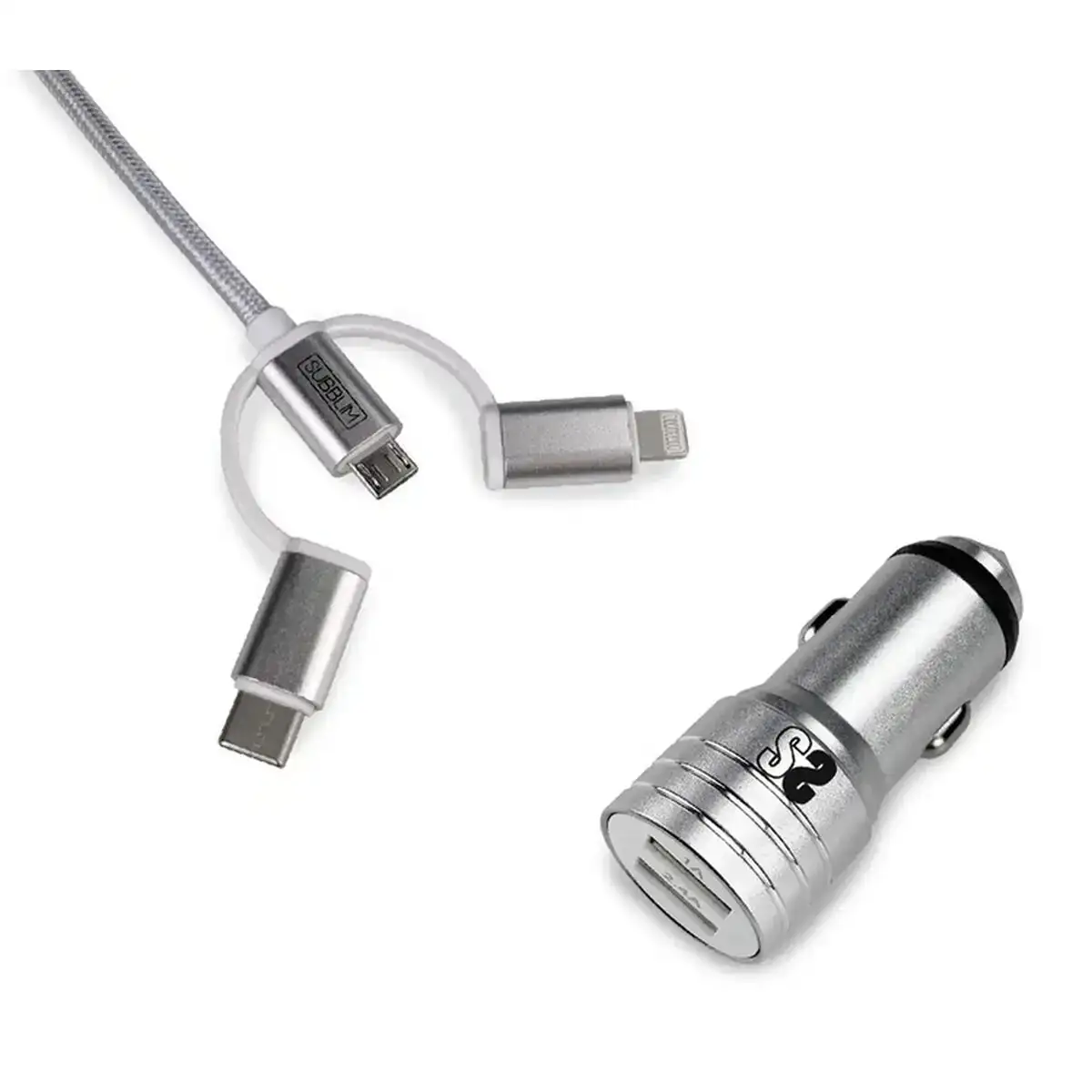 Chargeur de voiture usb universel cable usb c subblim cargador coche 2xusb dual car charger alum 2 4a cable 3 in 1 silver_4280. Bienvenue sur DIAYTAR COTE D'IVOIRE - Où Chaque Produit a son Charme. Explorez notre sélection minutieuse et trouvez des articles qui vous séduisent et vous inspirent.