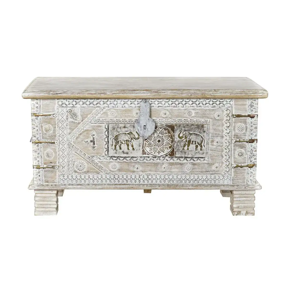 Coffre dkd home decor blanc laiton bois de manguier 89 x 40 x 48 cm_9037. DIAYTAR COTE D'IVOIRE - Là où le Chic Rencontre la Tradition. Naviguez à travers notre catalogue et choisissez des produits qui équilibrent l'élégance intemporelle et l'innovation moderne.