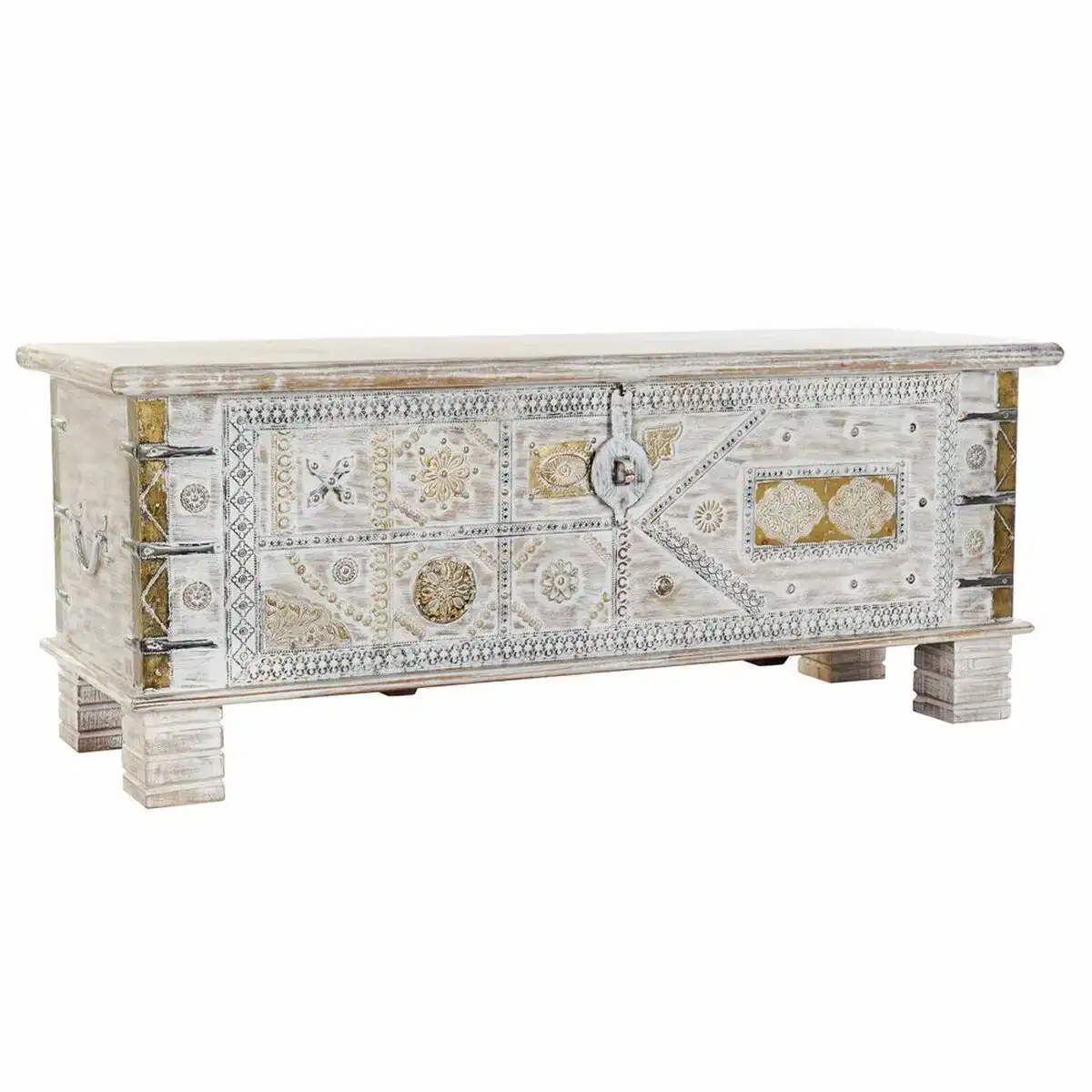 Coffre dkd home decor blanc metal bois de manguier 116 x 40 x 45 cm_4186. DIAYTAR COTE D'IVOIRE - Là où Chaque Clic Compte. Parcourez notre boutique en ligne et laissez-vous guider vers des trouvailles uniques qui enrichiront votre quotidien.