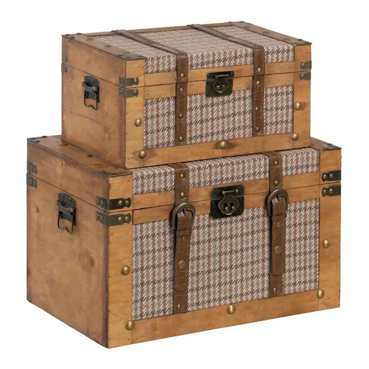 Lot de paniers 45 x 30 x 29 cm tissu synthetique bois carreaux 2 pieces _1379. DIAYTAR COTE D'IVOIRE - Là où le Shopping Devient une Expérience. Naviguez à travers notre catalogue diversifié et découvrez des produits qui ajoutent de la couleur et de la passion à votre vie.
