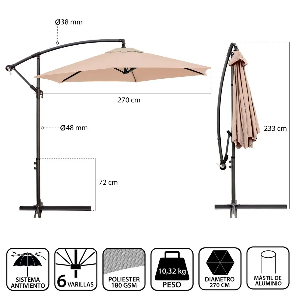 Parasol monty beige aluminium 270 cm_6458. Entrez dans le Monde de DIAYTAR COTE D'IVOIRE - Où la Satisfaction est la Priorité. Explorez notre sélection pensée pour vous offrir une expérience de shopping qui va au-delà de vos attentes.