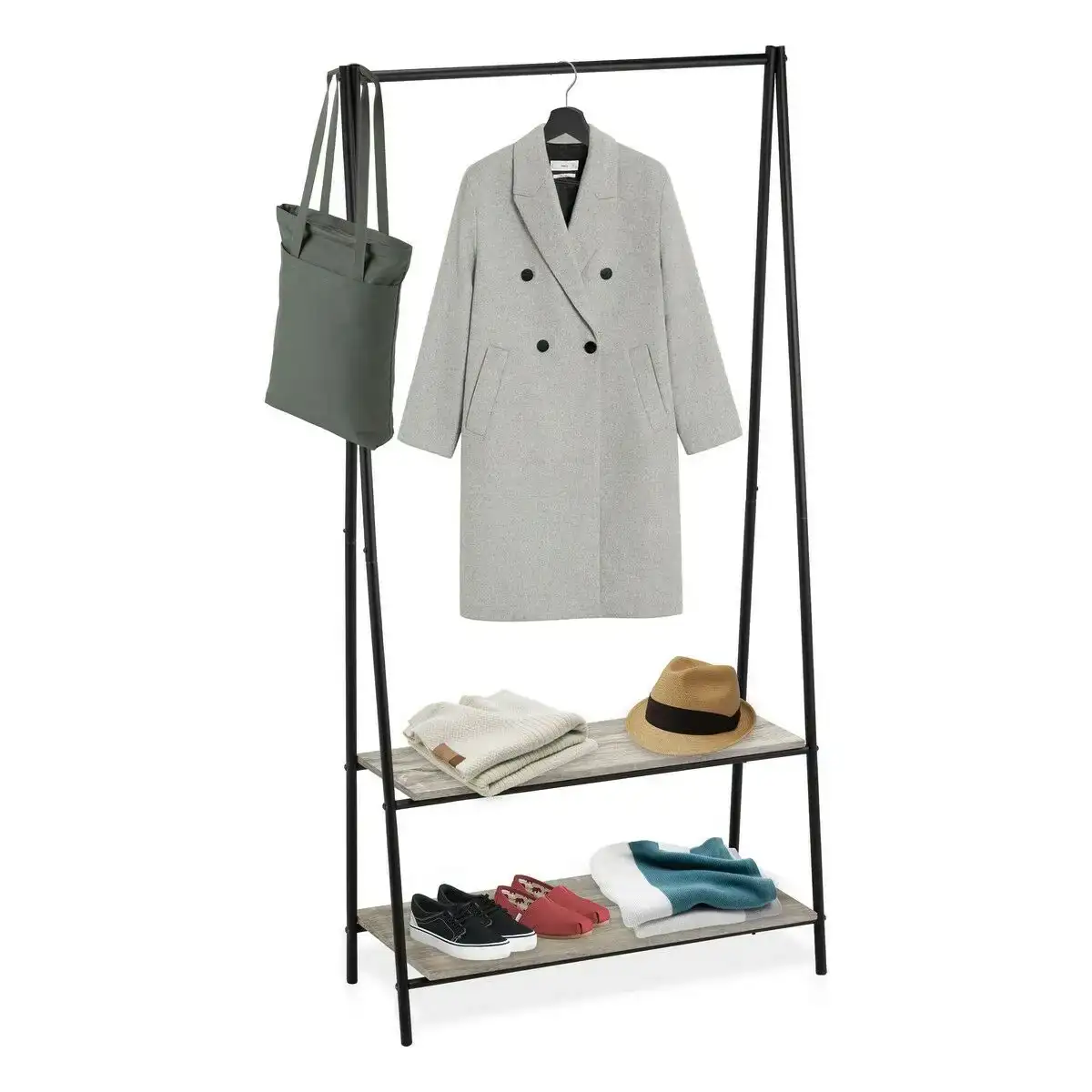 Porte manteaux confortime 2 etageres 80 x 40 x 160 cm noir metal bois_2484. DIAYTAR COTE D'IVOIRE - Votre Portail vers l'Extraordinaire. Parcourez nos collections et découvrez des produits qui vous emmènent au-delà de l'ordinaire, créant une expérience de shopping mémorable.