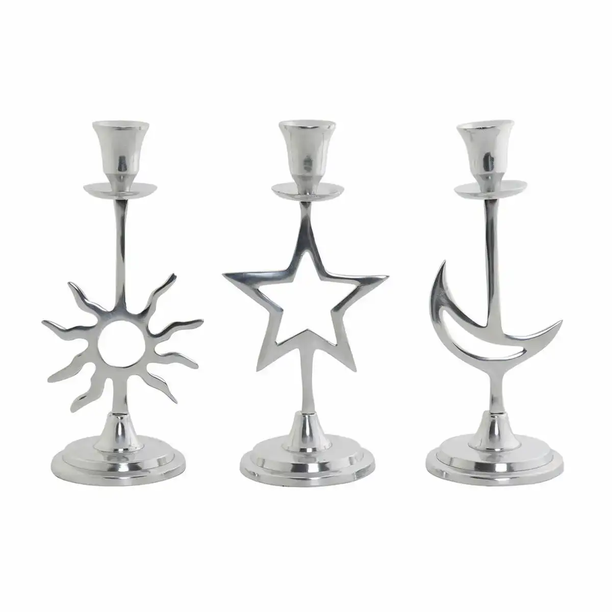 Pot a bougie dkd home decor argente aluminium etoile lune soleil 12 5 x 10 5 x 26 5 cm 3 pieces _6327. DIAYTAR COTE D'IVOIRE - Votre Passage vers la Découverte. Explorez notre boutique en ligne pour trouver des trésors qui vous attendent, du traditionnel à l'avant-garde.