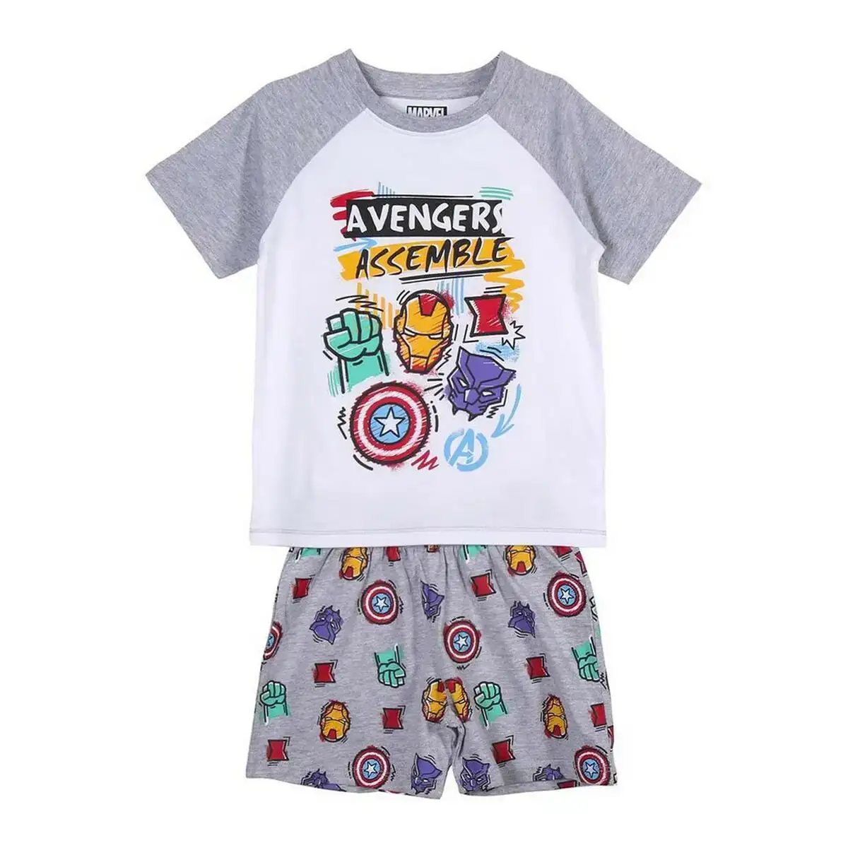 Pyjama d ete the avengers blanc gris_7596. DIAYTAR COTE D'IVOIRE - Où Chaque Produit a son Histoire à Raconter. Parcourez notre catalogue et découvrez des articles qui portent en eux la passion et l'histoire du Côte d'Ivoire.