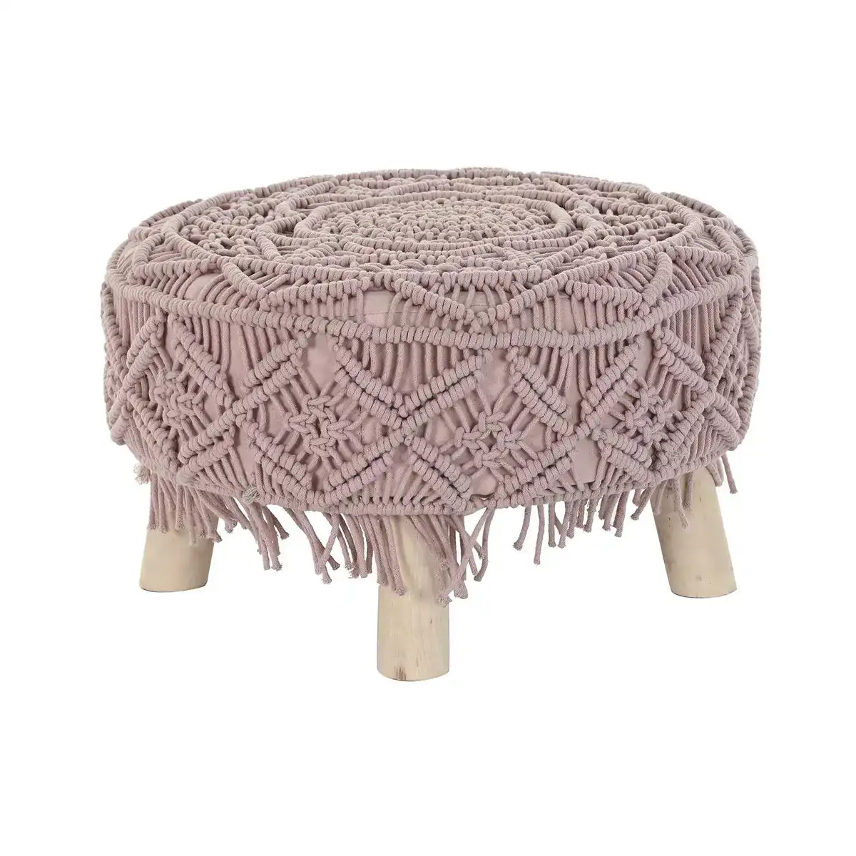 Repose pied dkd home decor naturel rose clair bois boho macrame 53 x 53 x 31 cm_7765. DIAYTAR COTE D'IVOIRE - Votre Escale Shopping incontournable. Explorez notre boutique en ligne et dénichez des trésors qui reflètent la richesse culturelle et la modernité du Côte d'Ivoire.