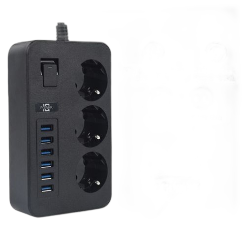 3000w prise usb/multiprise/multiprise, 3 trous, câble d'extension 2m, 6 *usb, charge rapide eu noir