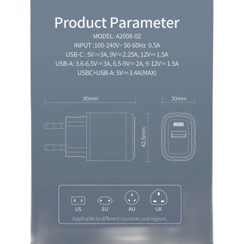 Adaptateur de charge 20w super double port usb a14 a24 a34 a54 note s ultra type c qc 3.0blanc