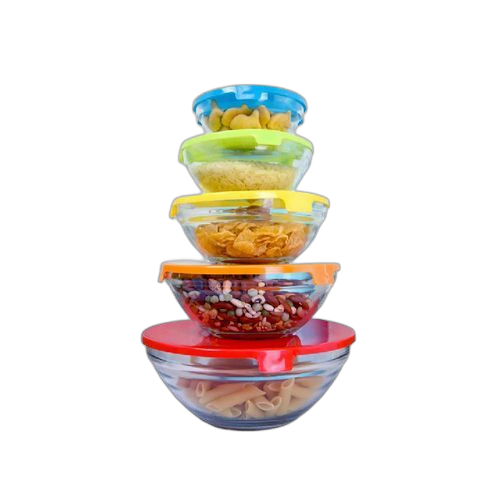 Autre ensemble de 5 bols en verre avec couvercles colorés en plastique
