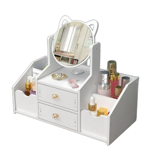 Blanc grande boîte de rangement de cosmétiques avec miroir rond, support de tiroir de bureau