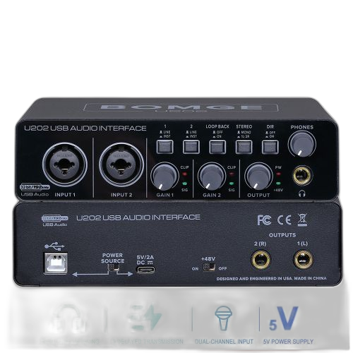 Bomge u202 usb audio interface with mic preamplifier xlr/tsr/ts ports,48v,32 bit/192khz resolution for computer recording,streaming ,podcasting