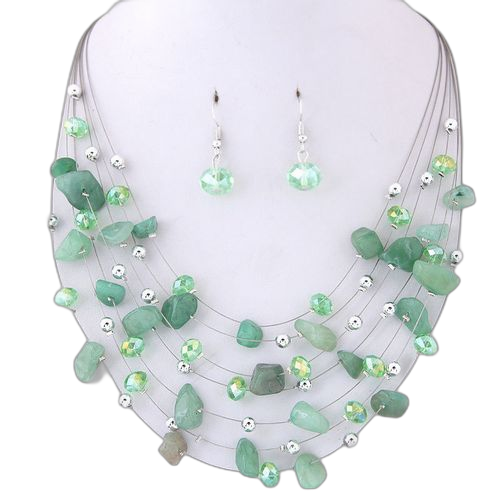 Collier multicouches en perles de coquillages bohème pour femmes, brin de cristal coloré avec perles argentées vert