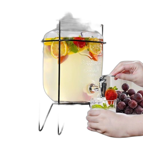Distributeur de boisson en verre fontaine 8 l avec robinet couvercle et support en métal carafe eau boissons froides et chaudes
