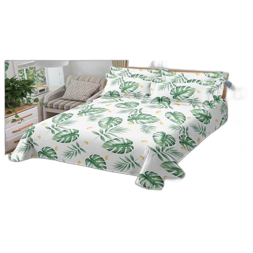 Drap double litcoton en 100 % blanc et vert fleur