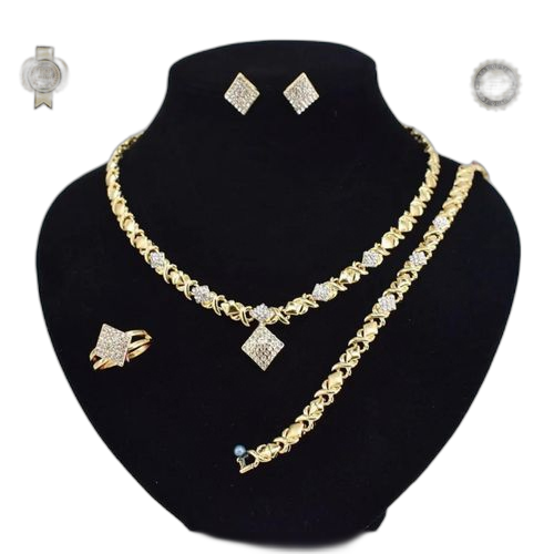 Ensemble bijoux plaque or 18 carats bracelet+collier+bague+boucles d'oreille