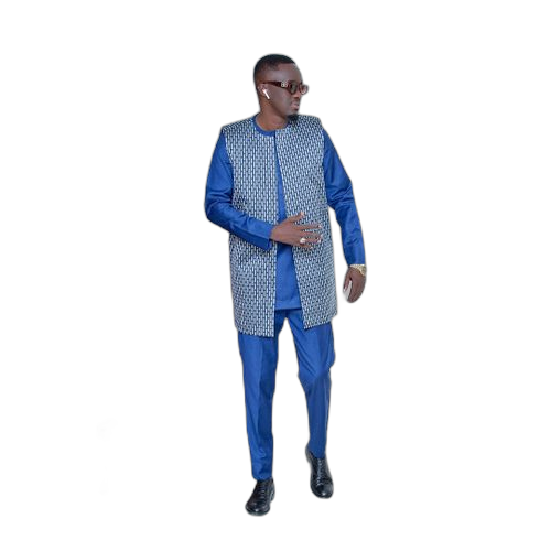 Ensemble costume africain fil à fil et brocard indien bleu 3 pieces
