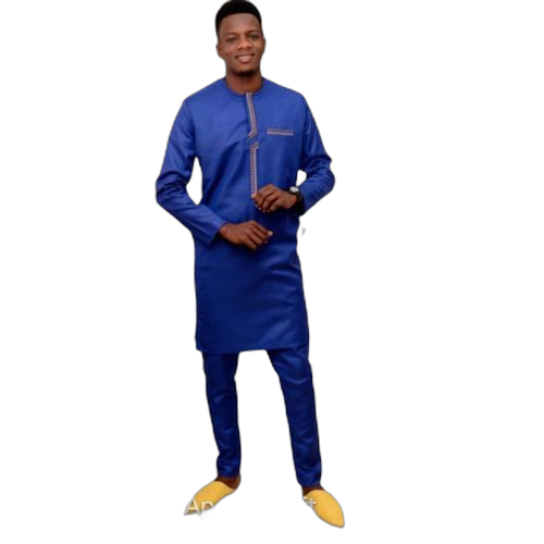 Ensemble costume africain lin fil a fil bleu avec broderie