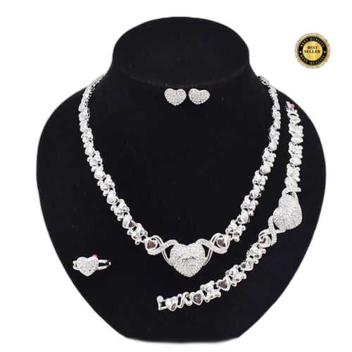 Ensemble de bijoux haute qualité motif love heart collier+bague+bracelet+boucles d'oreille en argent
