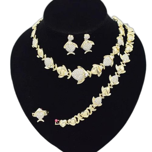 Ensemble de bijoux plaqué or haute qualité motif poisson brillant collier+boucles d'oreille+bague+bracelet