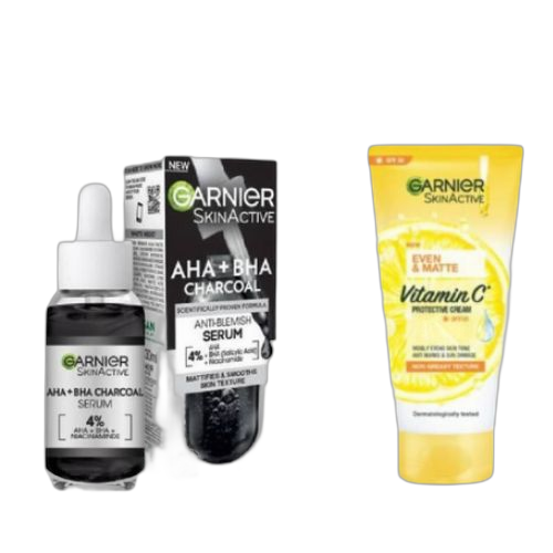 Garnier duo garnier skin active serum anti imperfections au aha + bha au charbon + créme solaire