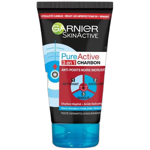 Garnier pure active gel nettoyant 3 en 1 anti points noirs au charbon 150ml