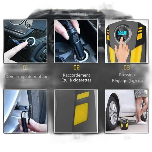 Gonfleur pneus voiture numérique portable avec 3 adaptateurs de buse et lumière led