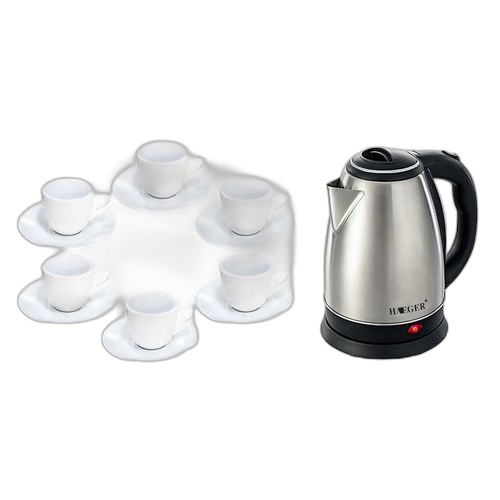 Haeger pack: bouilloire électrique haeger2000w 2 litres inox +lot de 6 tasses a café avec sous tasse blanc