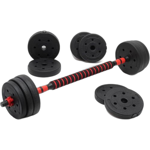 Kit d’haltères courts 15kg coffret 8 plaques ciment 2 barres haltères moletées loquet étoile avec barre extensible