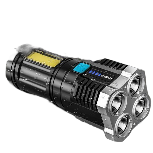 Lampe de poche super lumineuse à 4 cœurs, rechargeable, multifonction, pour l'extérieur, projecteur led longue portée, affichage de la batterie, lumière cob
