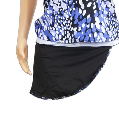 Maillot de bain deux pieces jupette polyester noir imprimé bleu blanc