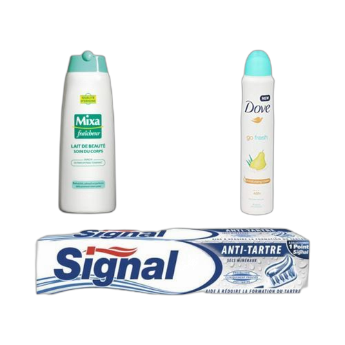 Mixa lait 250ml fraicheur dove déo poire 200ml signal antitartre 75 ml
