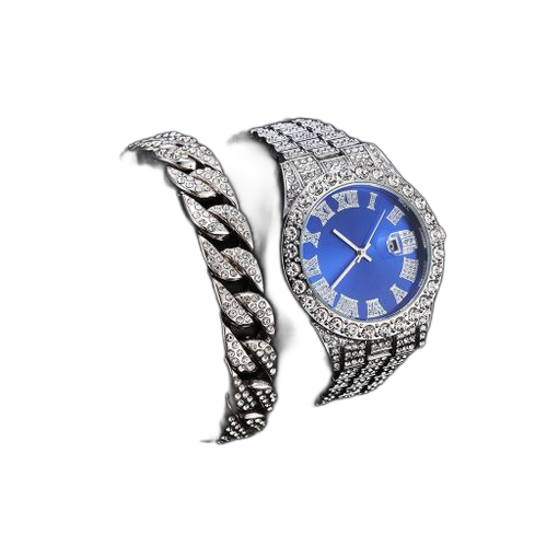 Mode montre 2 en 1 homme avec bracelet chaîne cubaine set argent