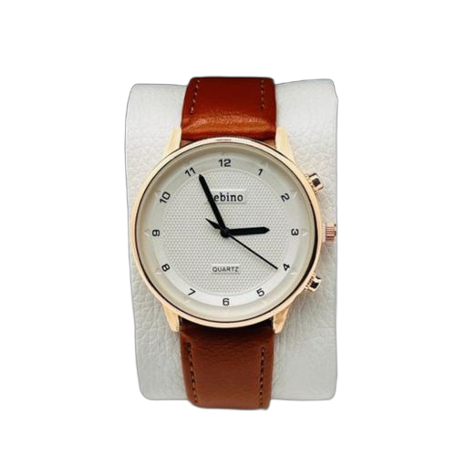 Montre bracelet en simili cuir marron cadran doré.