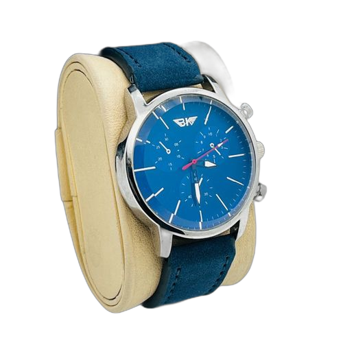 Montre bracelet homme en simili daim bleu cadran blanc fb
