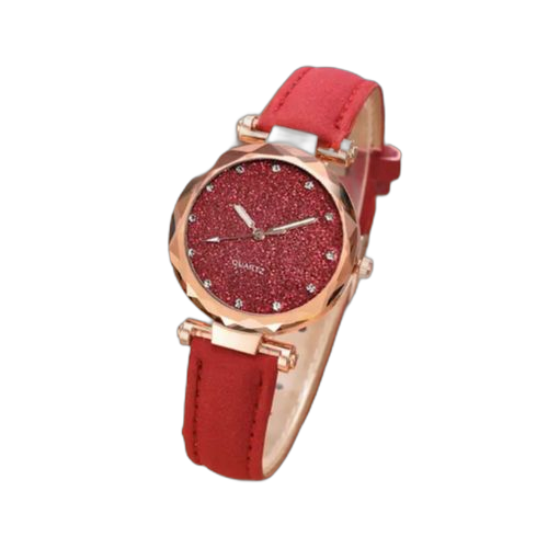 Montre quartz pour femme avec ceinture en cuir givré simple et décontractée rouge