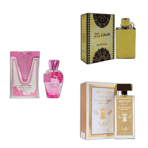 Pack de 3 parfums pink rose , oud ghalib et manasik