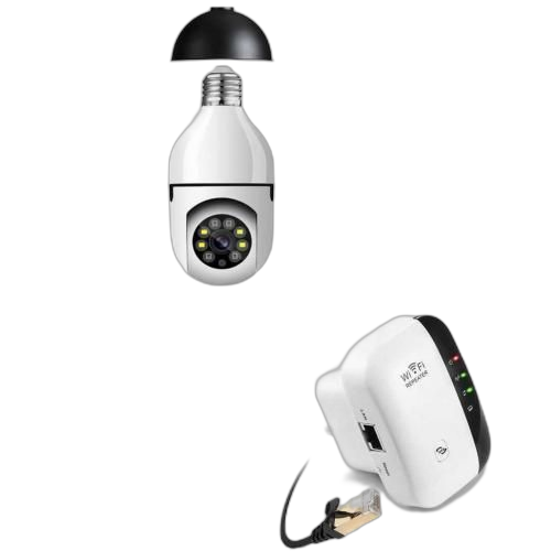 Paquet caméra de sécurité ptz sans fil 1080p avec connecteur e27 + répéteur