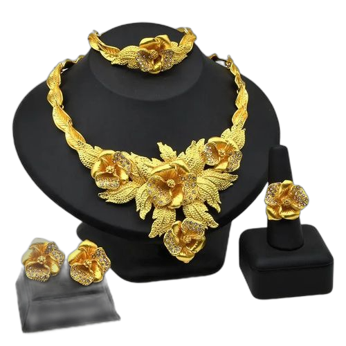 Parure bijoux : collier + bracelet + boucles d'oreilles + bague dubaï 24 k en plaqué or ns2