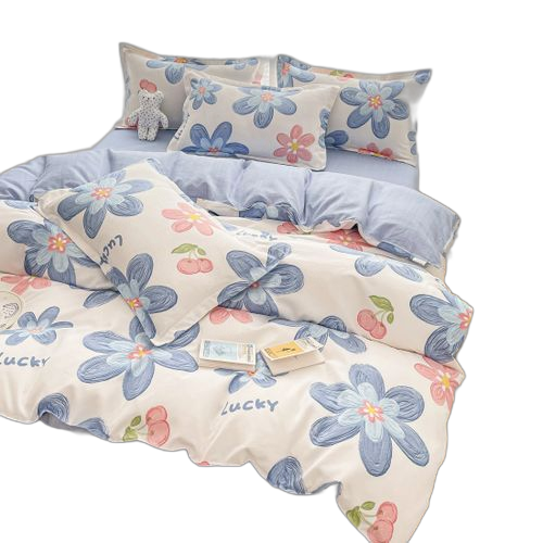 Parure de lit quatre pièces pur coton poncé 1.5m années fructueuses bleues