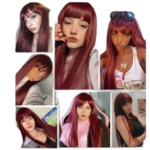 Perruque synthétique longue et lisse avec frange, résistante à la chaleur, pour femmes, rouge vin