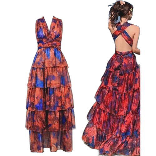 Robe de soirée longue fleurette rouge