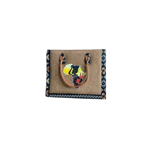 Sac fourre tout en raphia beige et bordé de wax imprimé afrique